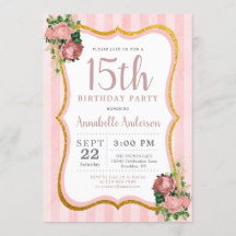 Quinceanera 15.º cumpleaños Purpurina de oro flora