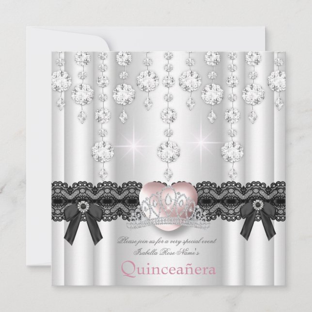 Invitación Quinceanera 15.º Diamantes del Corazón Plateado Ro (Anverso)