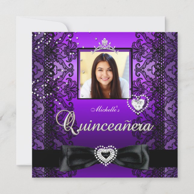 Invitación Quinceanera 15.º Fiesta foto de encaje negro morad (Anverso)