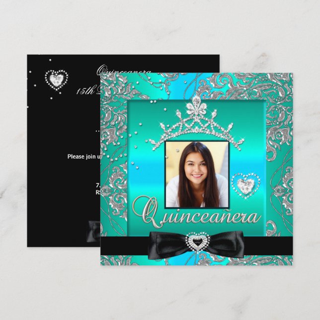 Invitación Quinceanera 15.º Fiesta Verde azulado Damasco de P (Anverso / Reverso)