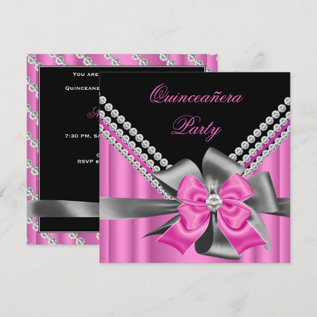 Invitación Quinceanera 15.º Gris Rosado Bow Diamantes 2 (Anverso / Reverso)