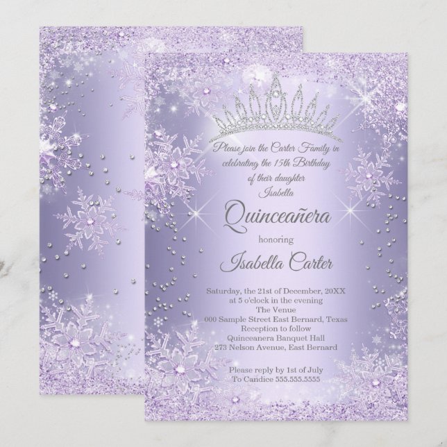 Invitación Quinceanera 15.º Invierno de Copo de Nieve Lilac P (Anverso / Reverso)