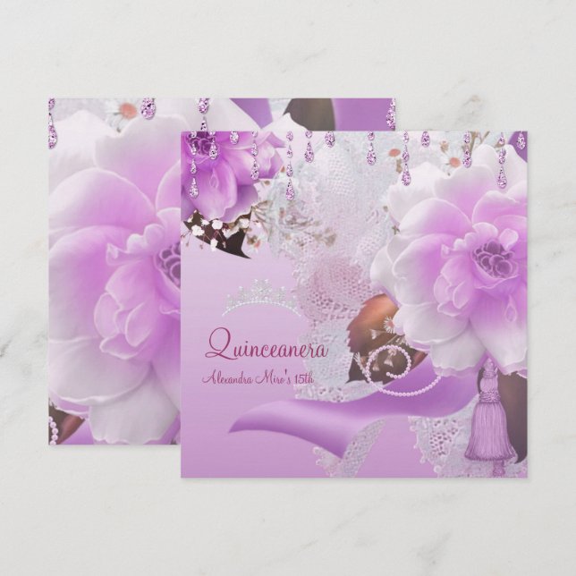 Invitación Quinceanera 15.º Lilac Blanco Floral Rosa (Anverso / Reverso)