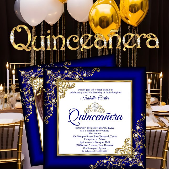 Invitación Quinceanera 15.º Oro Perla Azul Real Tiara Foto (Subido por el creador)