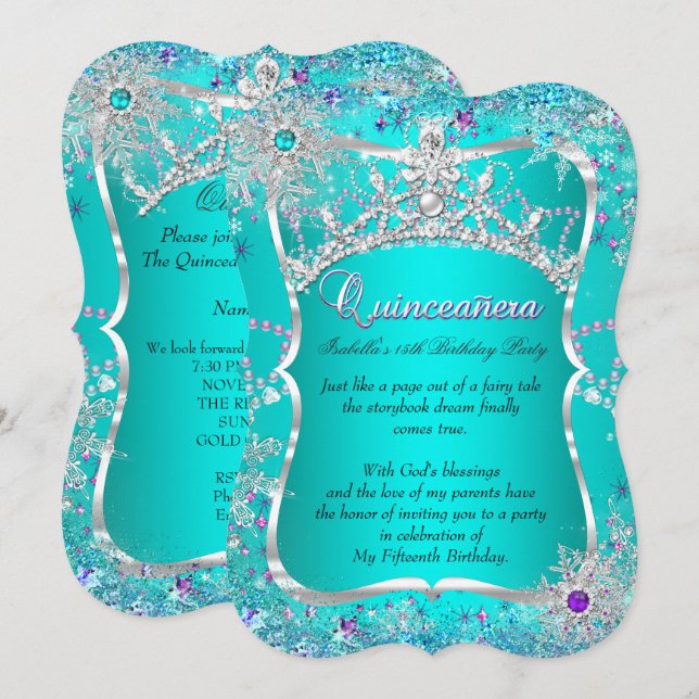 Invitación Quinceanera 15.º Púrpura Verde azulado de invierno (Anverso / Reverso)