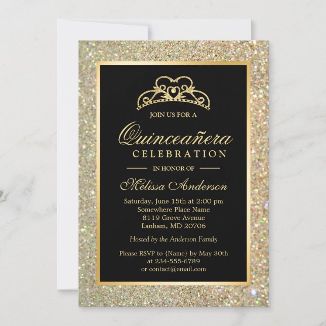 Invitación Quinceanera 15.º Purpurina de oro de cumpleaños (Anverso)