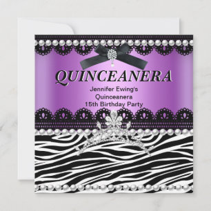Invitación Quinceanera 15.º Tiara de cebra negra morada