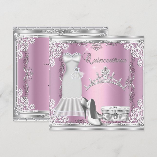 Invitación Quinceanera 15.º tiara de diamantes de plata rosa (Anverso / Reverso)