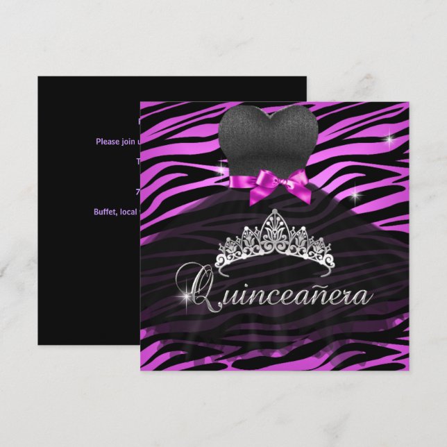 Invitación Quinceanera 15.º Tíara Vestido de cebra negra rosa (Anverso / Reverso)