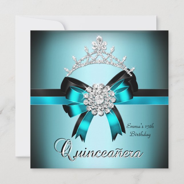 Invitación Quinceanera 15.º Verde azulado Blue Black Silver B (Anverso)