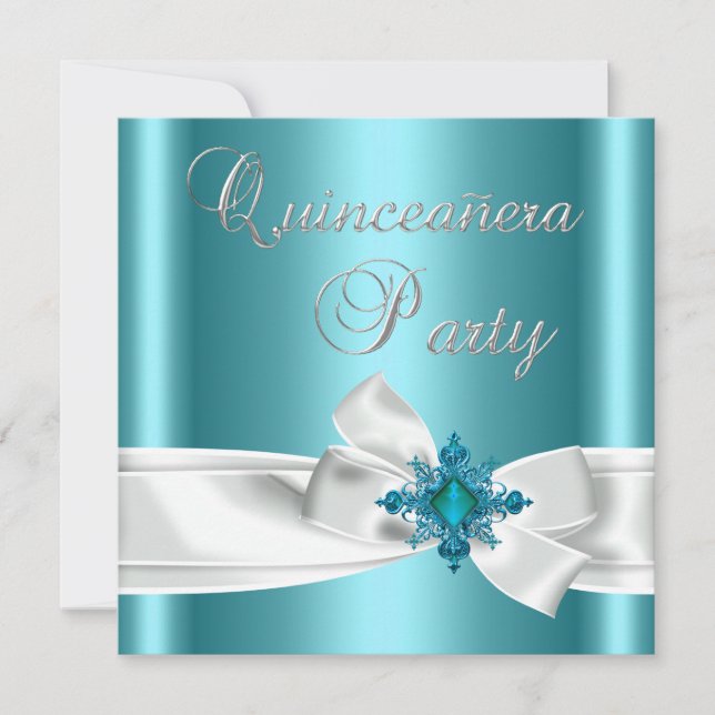 Invitación Quinceanera 15.º Verde azulado Blue Silver White B (Anverso)