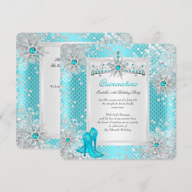 Invitación Quinceanera 15.º Verde azulado Blue Winter Wonderl (Anverso / Reverso)