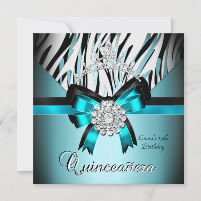 Invitación Quinceanera 15.º Verde azulado Blue Zebra Silver B (Anverso)
