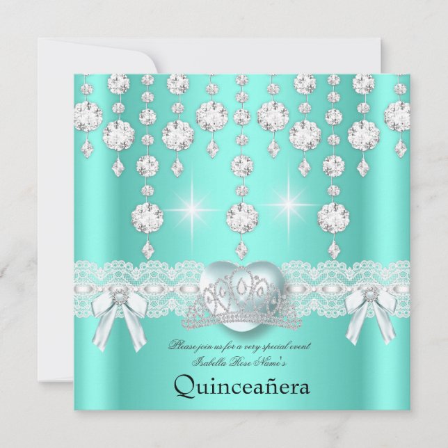 Invitación Quinceanera 15.º Verde azulado de diamantes de cor (Anverso)