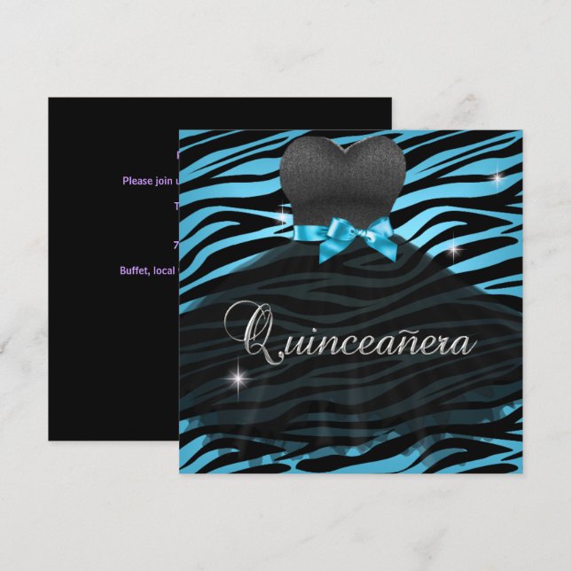 Invitación Quinceanera 15.º Vestido Azul Cebra Negra (Anverso / Reverso)
