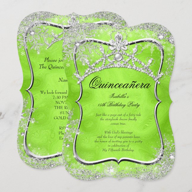 Invitación Quinceanera 15.º Winter Wonderland Lime Green (Anverso / Reverso)