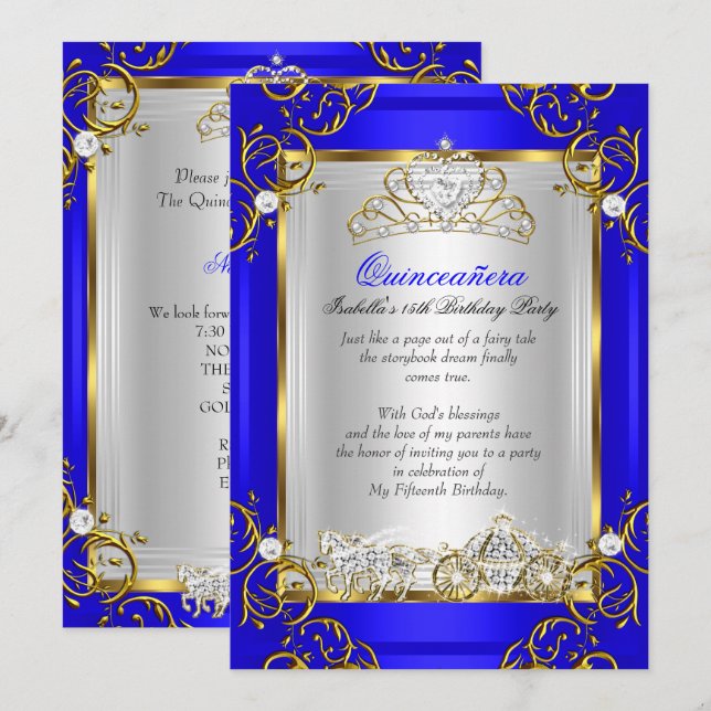 Invitación Quinceanera, 15 años, azul real (Anverso / Reverso)