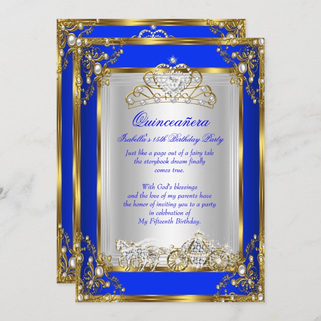Invitación Quinceanera, 15 años, azul real (Anverso / Reverso)