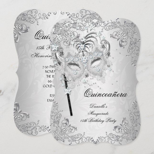 Invitación Quinceanera 15 años de plata de mascarada (Anverso / Reverso)