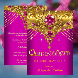 Invitación Quinceanera 15 años Exótico Fuchsia Oro Rosa