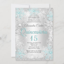Invitación Quinceañera 15 años plata azul teal copo de nieve 