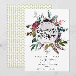 Invitación Quinceanera 15 años plumas florales