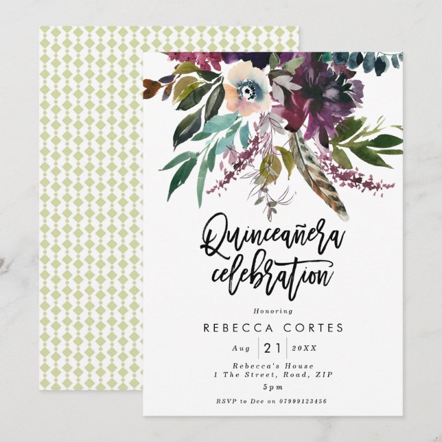 Invitación Quinceanera 15 años plumas florales (Anverso / Reverso)