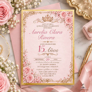 Invitación Quinceañera 15 Años Rosa Floral Vintage Dorado