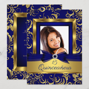 Invitación Quinceañera 15 Azul Marino Floral Dorado Foto