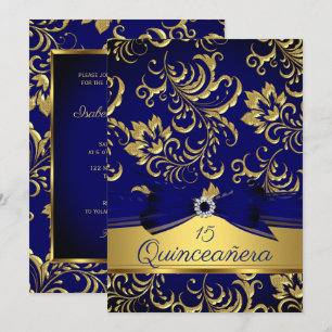 Invitación Quinceañera 15 Azul Marino Oro Floral Damasco Lazo