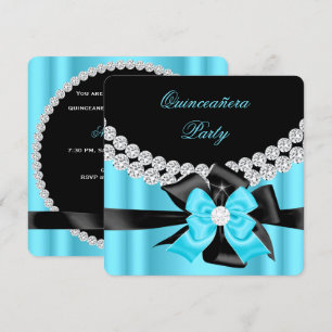 Invitación Quinceañera 15 Azul Plata Negro Lazo Diamantes 2