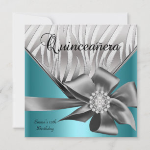Invitación Quinceañera 15 Azul Turquesa Gris Plateado Lazo