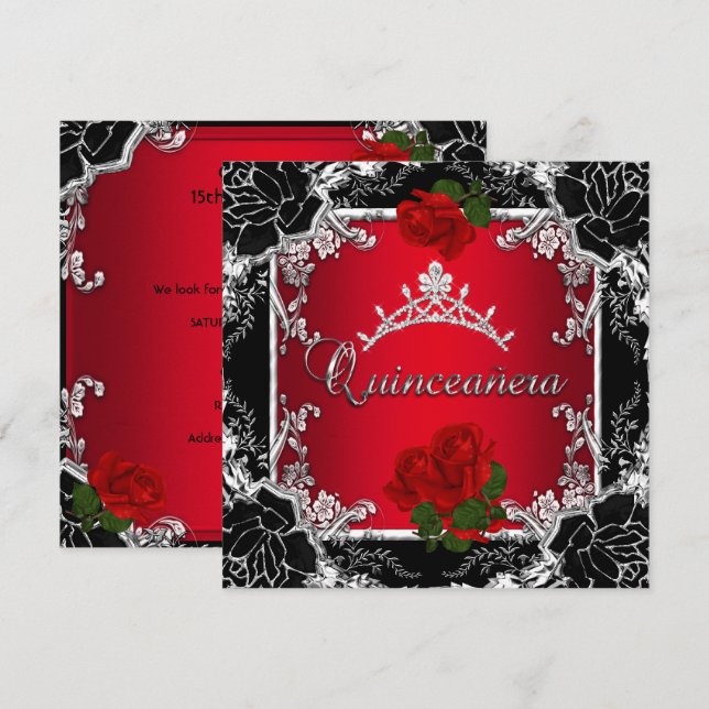 Invitación Quinceañera 15 Black Silver Tiara Floral de rosa r (Anverso / Reverso)