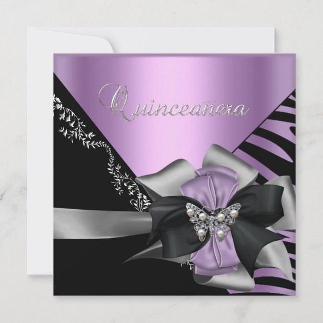 Invitación Quinceanera 15 Cebra Lilac Morado Plata Negro (Anverso)