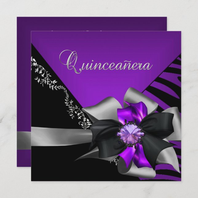 Invitación Quinceanera 15 Cebra Morado Plata Negro (Anverso / Reverso)