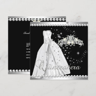 Invitación Quinceañera 15 Corona Vestido Negro Plateado Blanc
