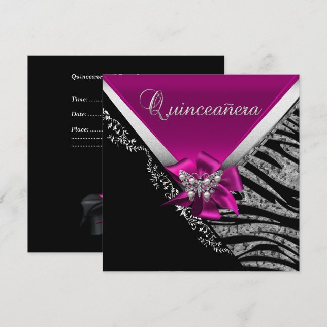Invitación Quinceanera 15 cumpleaños cebra rosa negro platead (Anverso / Reverso)