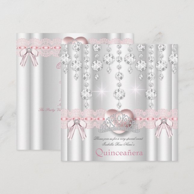 Invitación Quinceañera 15 Cumpleaños Corazón Rosado Plata Dia (Anverso / Reverso)