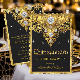 Invitación Quinceanera 15 cumpleaños Ornate Exótico Oro Negro