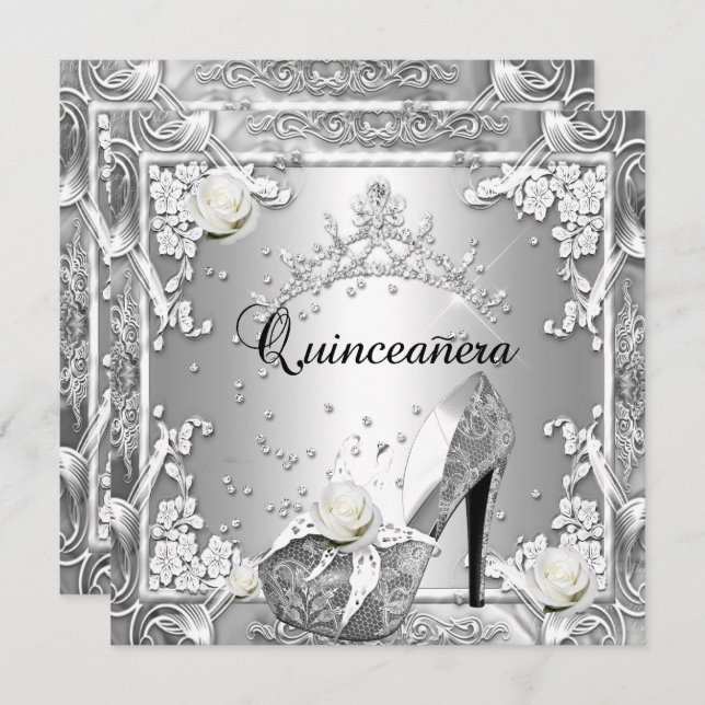 Invitación Quinceanera 15 Cumpleaños Party Silver (Anverso / Reverso)