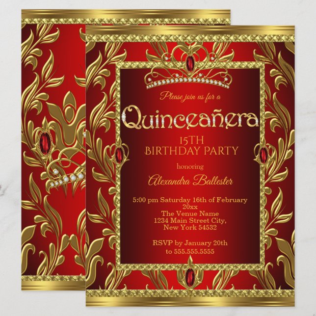 Invitación Quinceanera 15 Cumpleaños Red Ruby Jewel Tiara Gol (Anverso / Reverso)