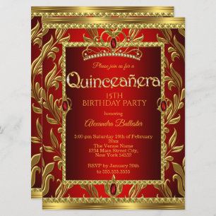 Invitación Quinceanera 15 Cumpleaños Red Ruby Jewel Tiara Gol