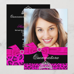 Invitación Quinceañera 15 Cumpleaños Rosa Fucsia Leopardo Neg