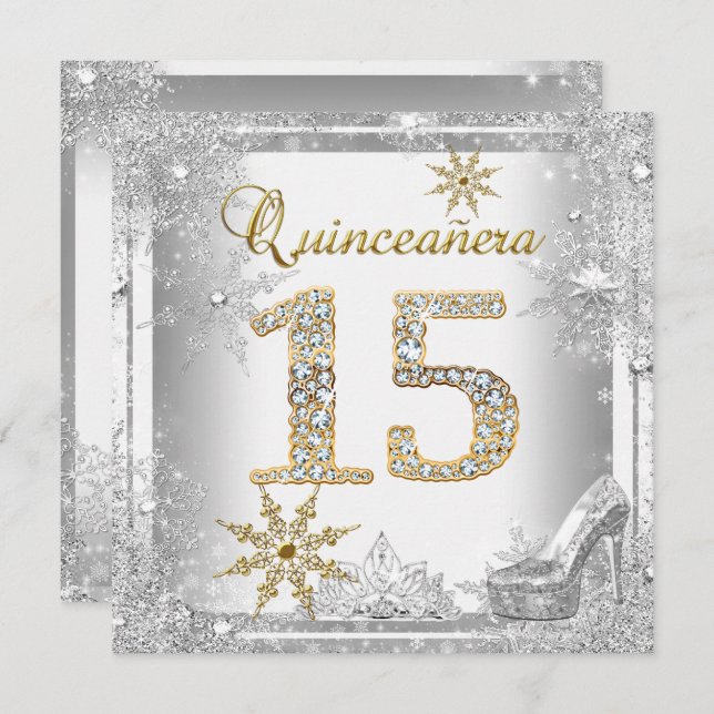 Invitación Quinceanera 15 cumpleaños Silver White Gold Elite (Anverso / Reverso)