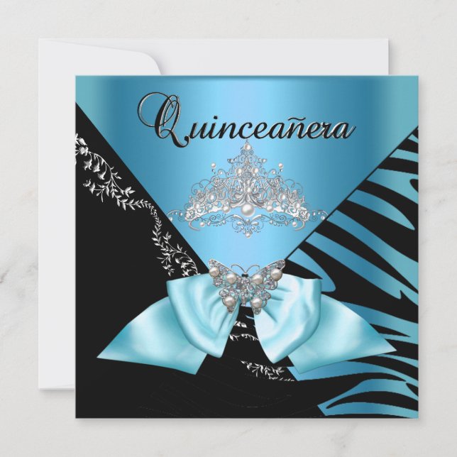 Invitación Quinceanera 15 cumpleaños Zebra azul Tiara (Anverso)