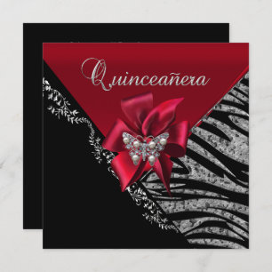 Invitación Quinceanera 15 cumpleaños Zebra Rojo Plata Negro
