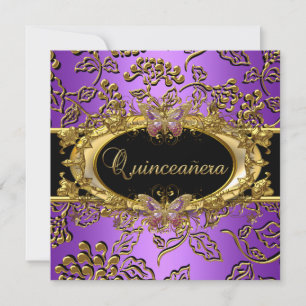 Invitación Quinceañera 15 Damask Púrpura Negro Oro