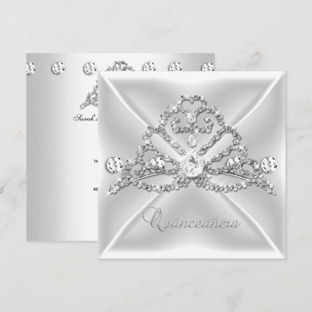 Invitación Quinceanera 15 Diamante Blanco Tiara 2 (Anverso / Reverso)