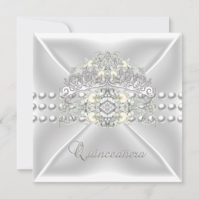 Invitación Quinceanera 15 Diamante de Perla Blanca Tiara (Anverso)