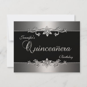Invitación Quinceañera 15 Elegante Fiesta de Joyas Negras Pla